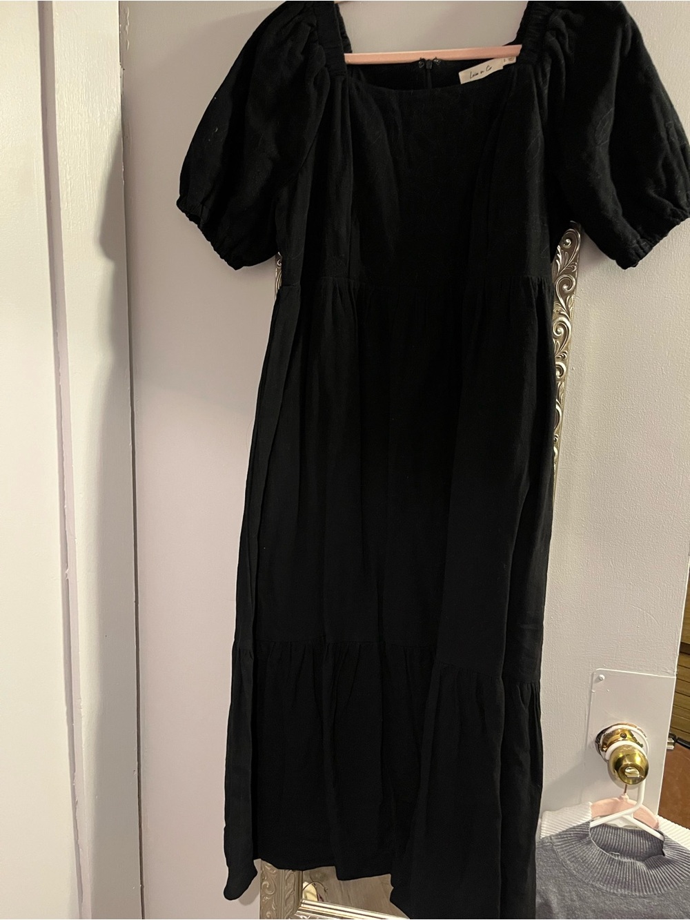 Black Puff-Sleeve Midi Dress with Square Neckline
